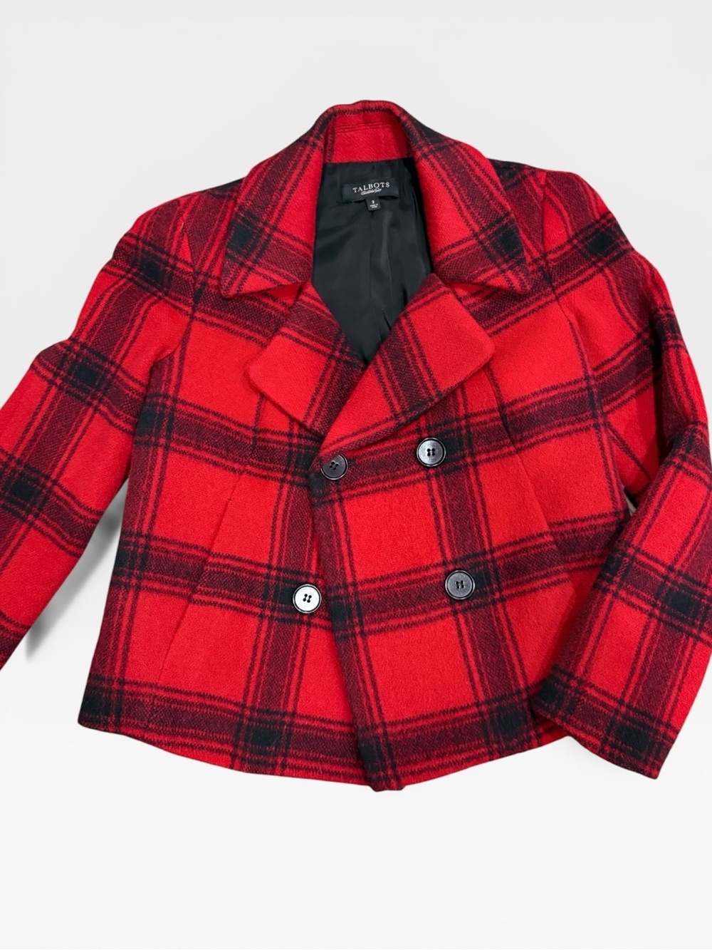 Talbots Red and Black Plaid Wool Double-Breasted Peacoat Size 2
